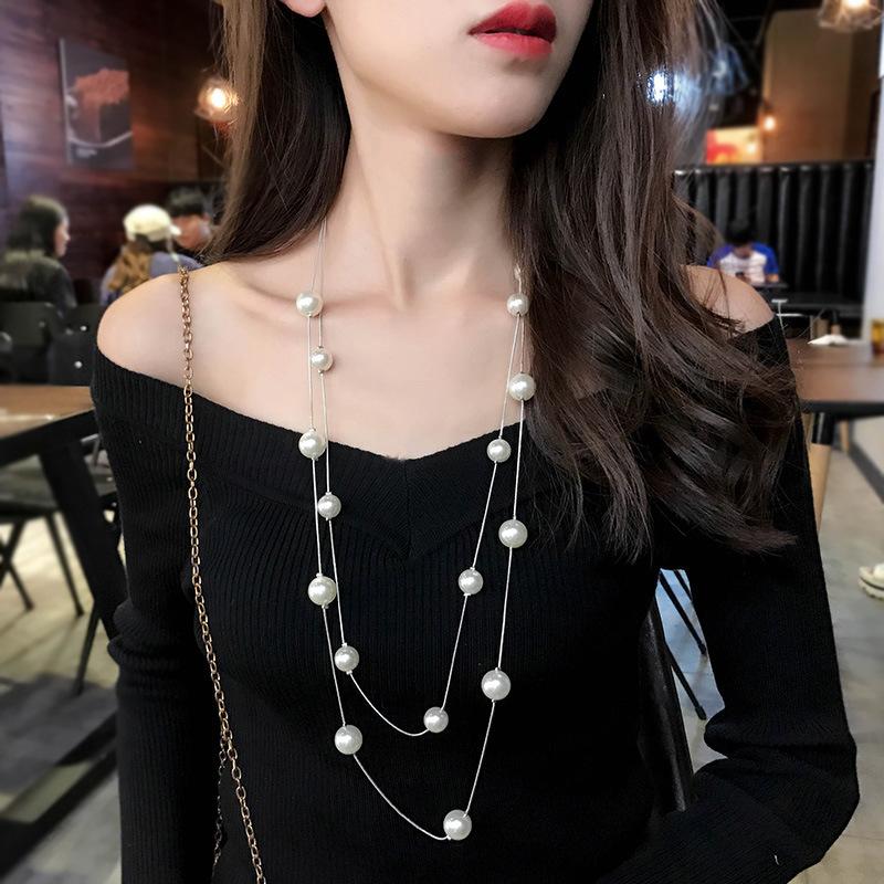 New Elegant Long Double Layer Simulated Pearl Necklace Women Sweater Chain Female Collares Statement Jewlery Accesories