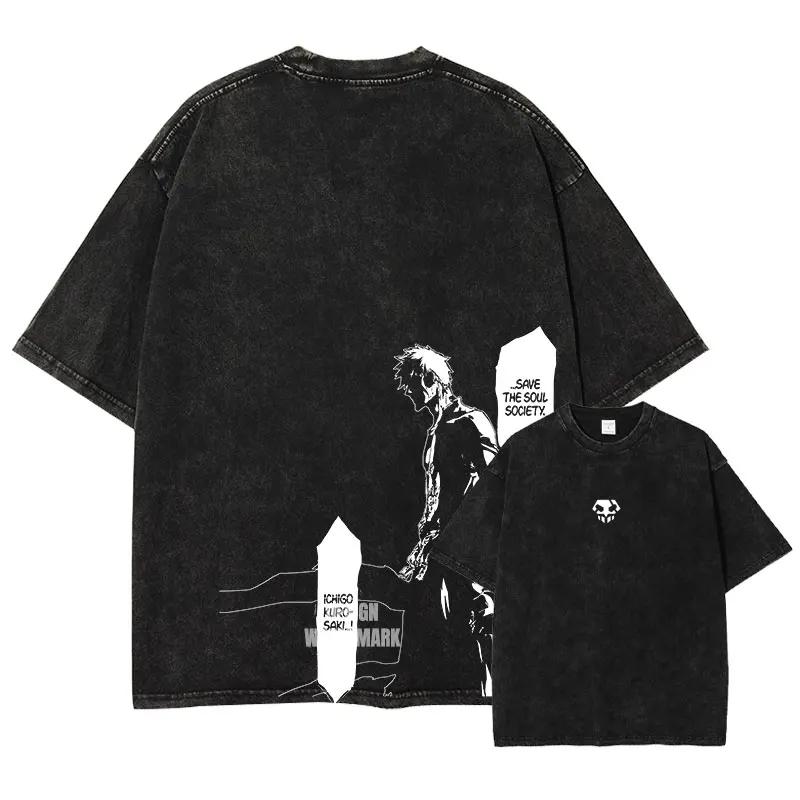Anime B-Bleach T Shirts Vintage Washed Kurosaki Ichigo T-shirt Streetwear Manga Renji Zaraki Kenpachi Tops Tees Man