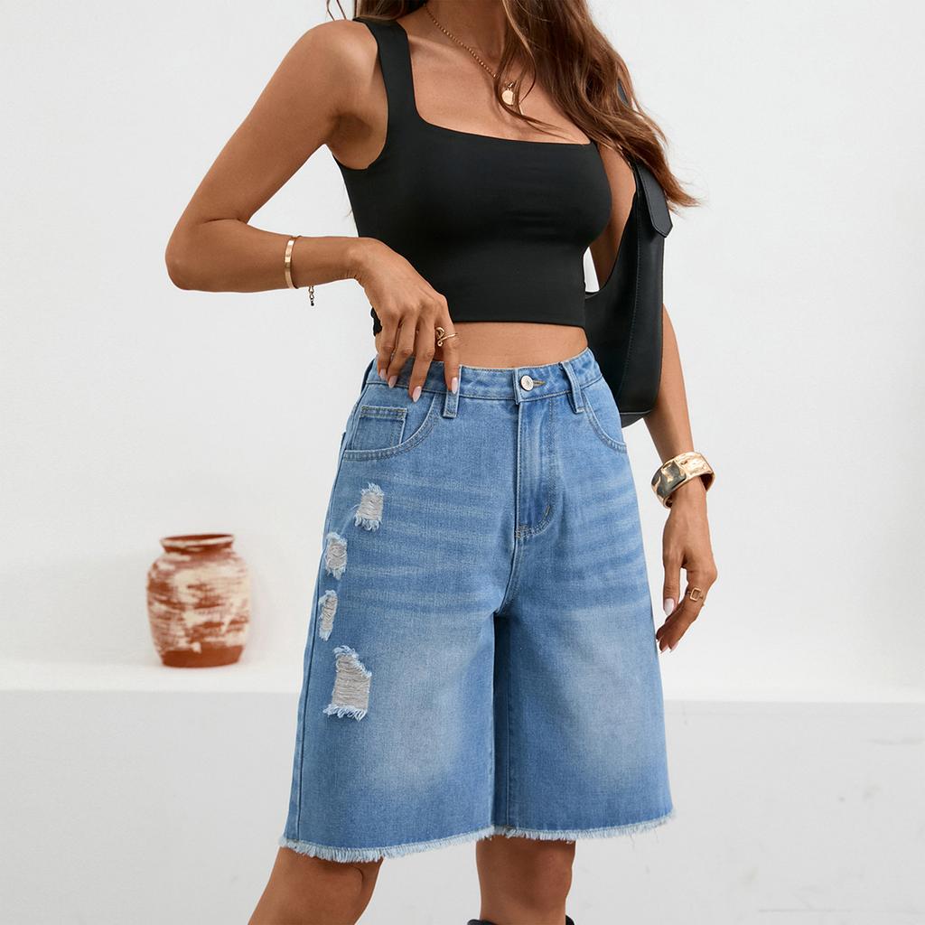 Women's Casual Color Denim Ripped Five-point Pants Fringe Jeans