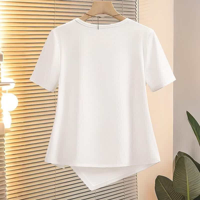Women's Round Neck Short Sleeve Asymmetric T-Shirt with Woven Detail