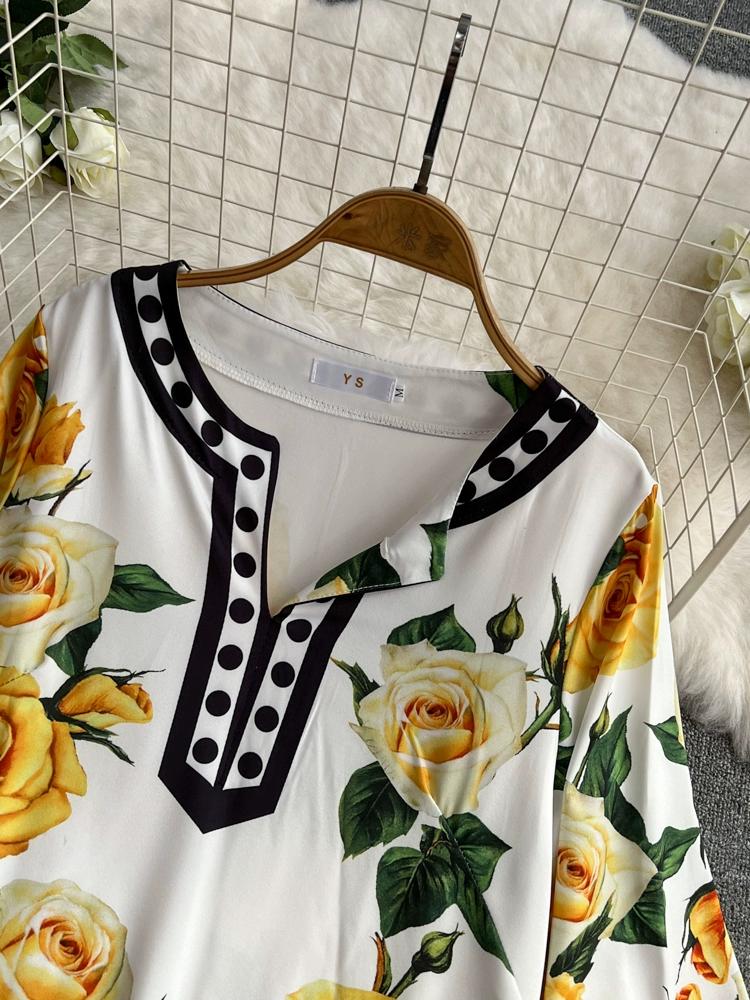 Summer Women Designer Print Runway Dresses Flare Sleeve Straignt Long Maxi Holiday Dress