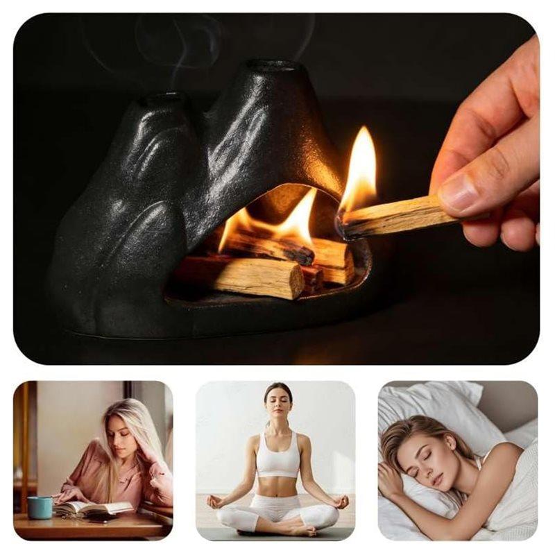 ABBP- 2-Mouth Burner Modern Incense Sticks Burner Mini Chiminea Black Sage Burner Burning Bowl Ideal For Meditation