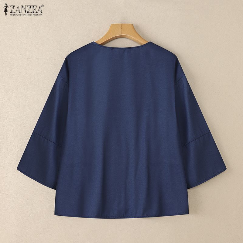 ZANZEA Women Casual Round Neck Loose 3/4 Sleeve Plain Blouse
