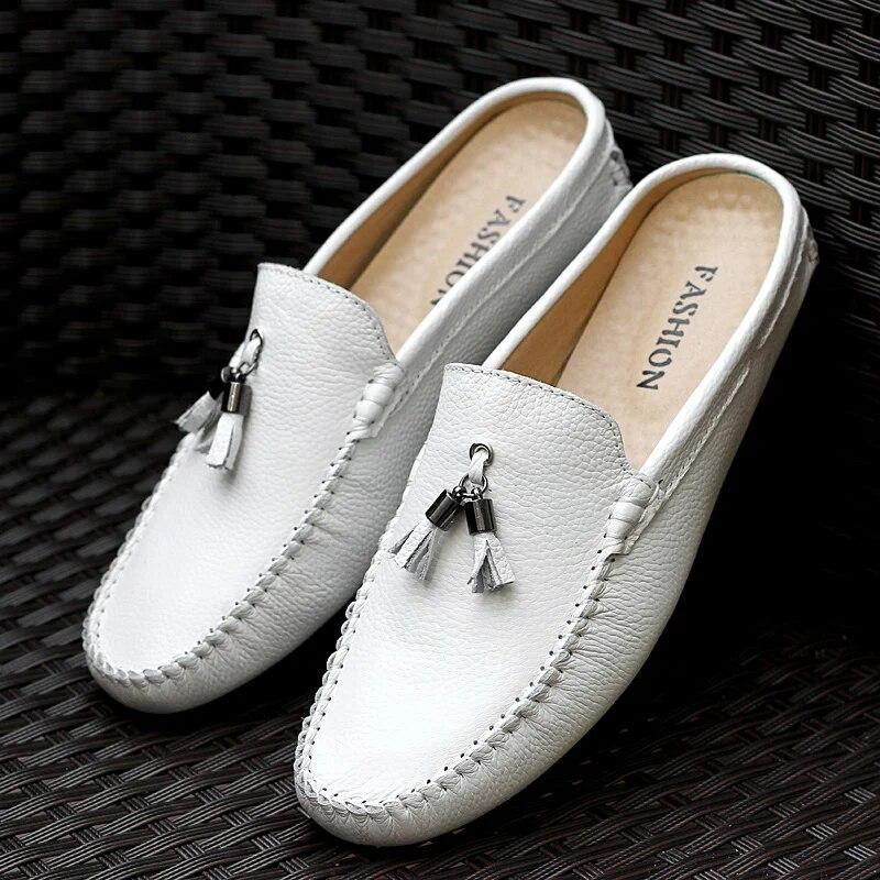 Quaste Halbe Schuhe Für Männer Sommer Echtes Leder Loafer Slip-On Hausschuhe Casual Backless Fahren Faulenzer Für Mann Mule masculino