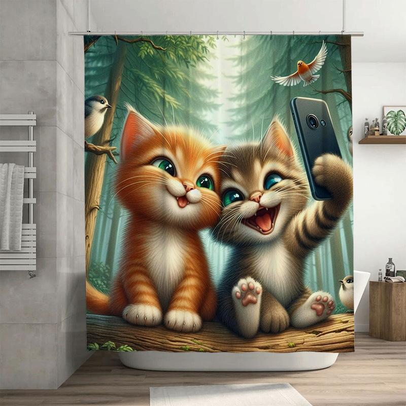 

Adorable Cats Shower Curtain Forest Friends Selfie Wall Decor For Bathroom Waterproof Fabric With Birds & Trees Design Unique Ho W60H190(CM)-1 Pcs