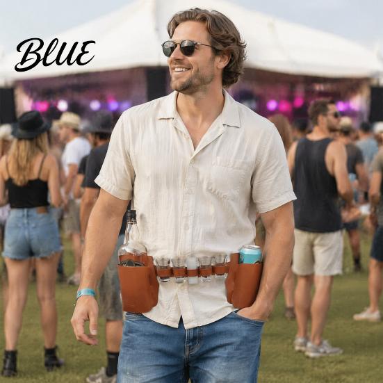 Portable Wine Utensil Dual-Side Storage PU Bottle Leather Carrier Vintage Waist Pack Bag with Multi-Slot Waterproof Adjustable Outdoor Belt