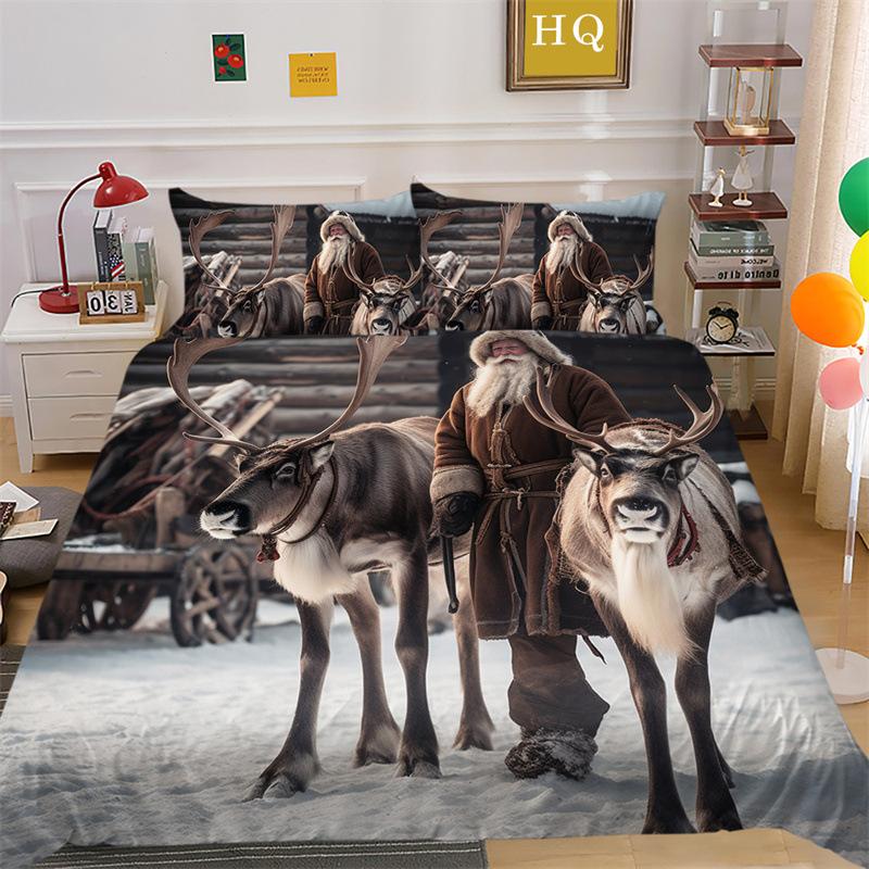 Jultomte Älg 3D-printad Polyester Kuddfodral Täcke Överdrag Två Eller Tre Delars Set