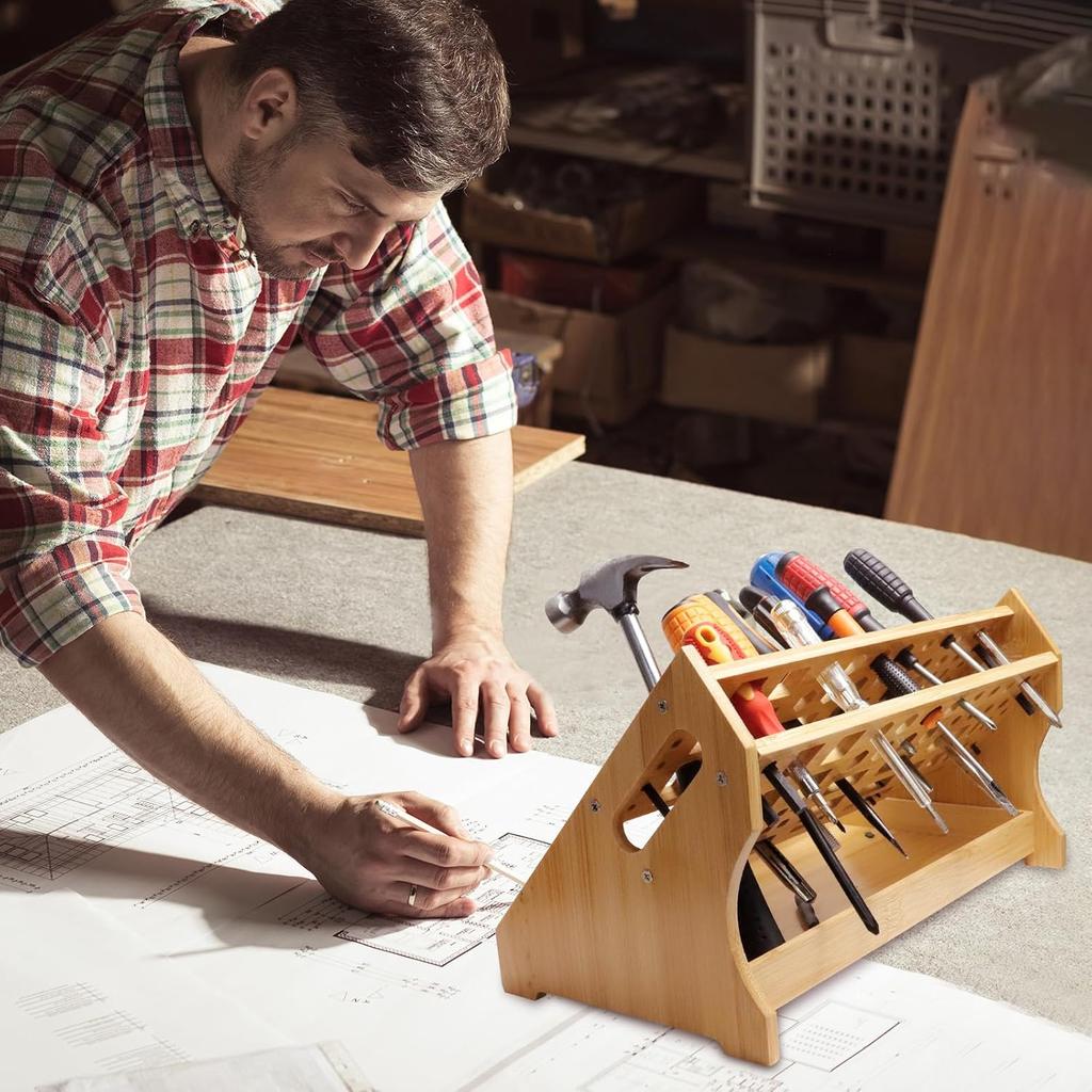 Screwdriver Organizer Desktop Screwdriver Holder 53 Slots Workbench Rack Stand Bamboo Tool Storage Organizer for Plier Hammer Allen Wrench