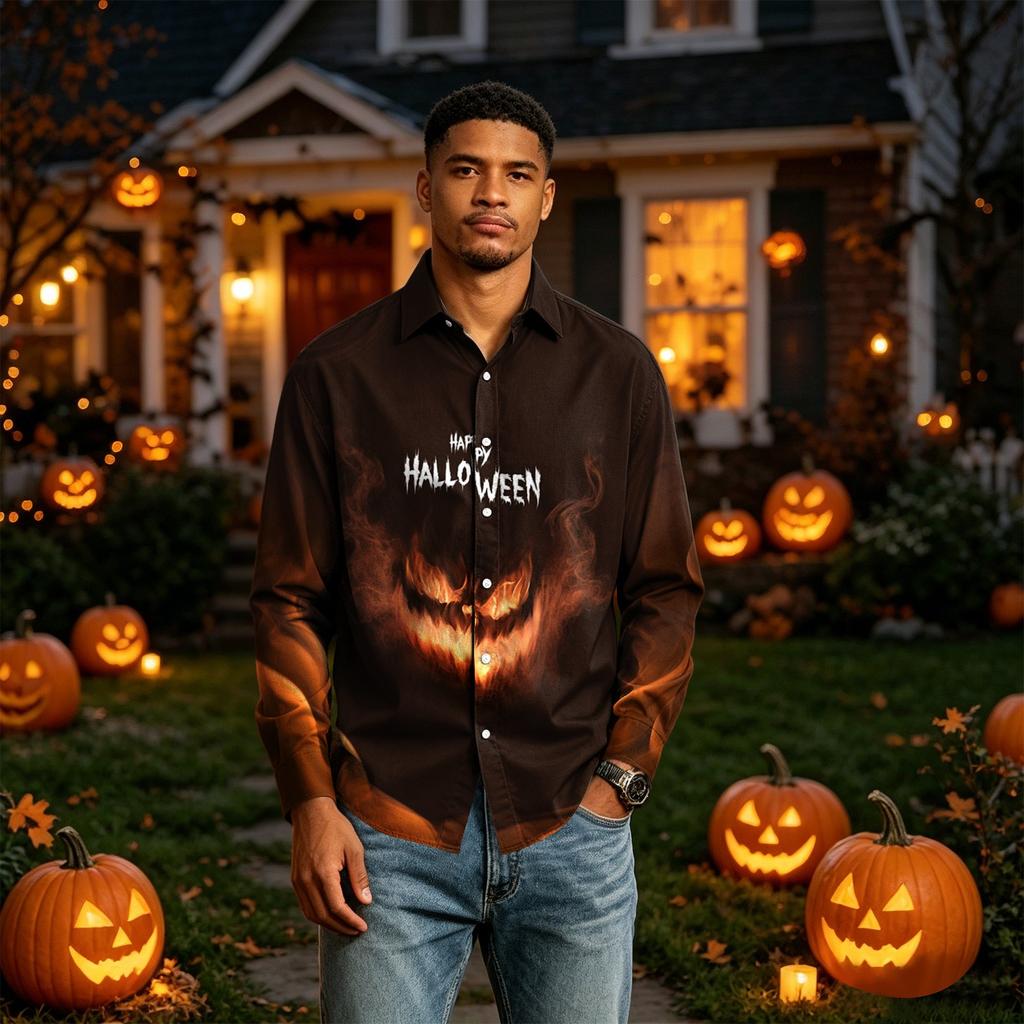 Men's Long Sleeve Button Down Shirt with Halloween Print for Costume Party