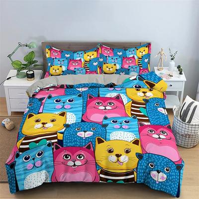 Cartoon Cat King Queen Duvet Cover Colorful Lovely Animal Bedding Set Kids Pet Kitty Quilt Cover Soft Polyester Comforter Cover