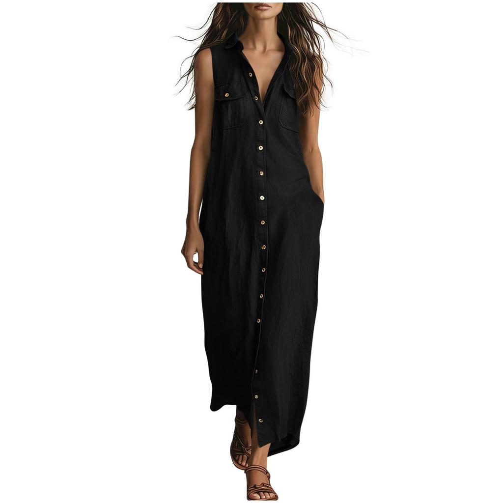 Women's Fashionable Lapel Button Loose Bohemian Vacation Beach Dress With Pockets