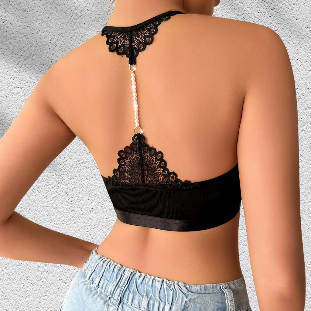 Women Solid Ribbed Halter Adjustable Strap Wireless Casual Bralette
