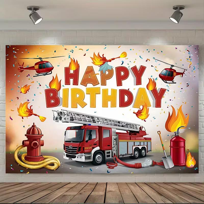 2D Fireman Party Backdrop, Fire Engine & Fire Hydrant Kids Background Cloth 47.2x31.5inch/120*80cm