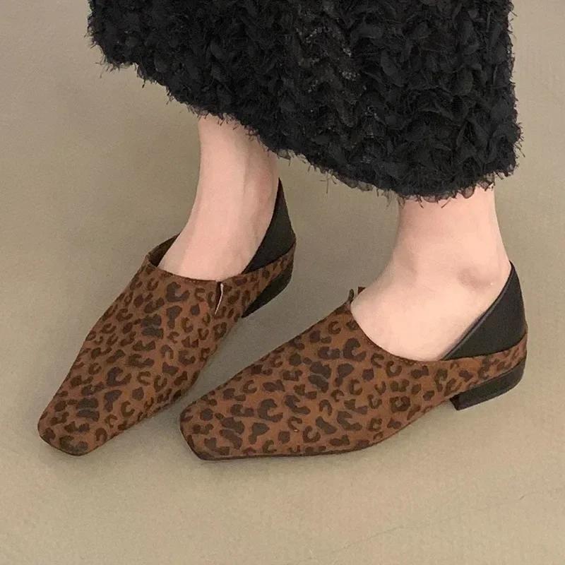 Fashion Square Toe Leopard Loafers Women Heels Shoes Leather Snow Boots 2025 Autumn Winter Elegant Women Pumps Dress Zapatos De Mujer
