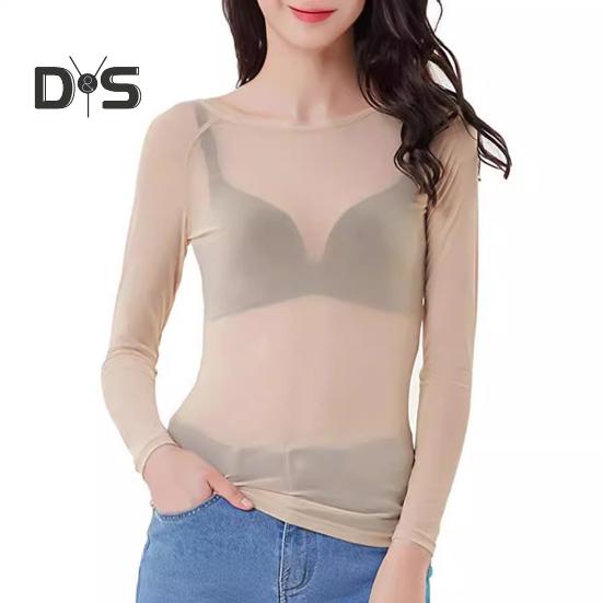 

Женская футболка с круглым вырезом и длинным рукавом, облегающий пуловер, прозрачные сетчатые топы из пряжи, повседневная одежда XL бежевый