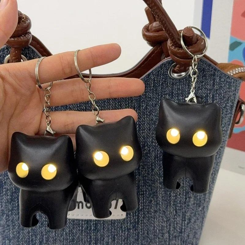Funny Creative Cute Cats Japanese Cartoon Led Eyes Glowing Black Cat Keyring Night Light Emitting Sound Keychain Bag Accessories