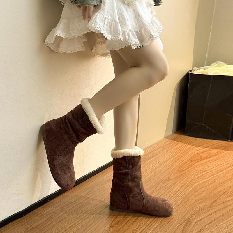 Retro Suede Flat-bottom Snow Boots, Fashionable Pleated Short Boots for Autumn and Winter, Padded and Thickened Cotton Boots