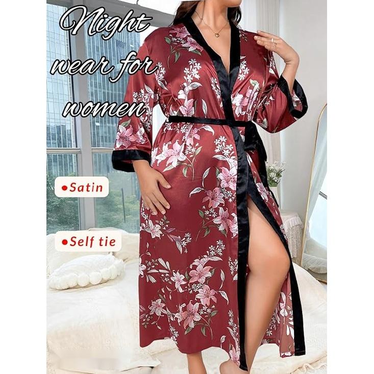 Women's Plus Size Valentines Robe, Sexy Satin Robe Long Sleepwear