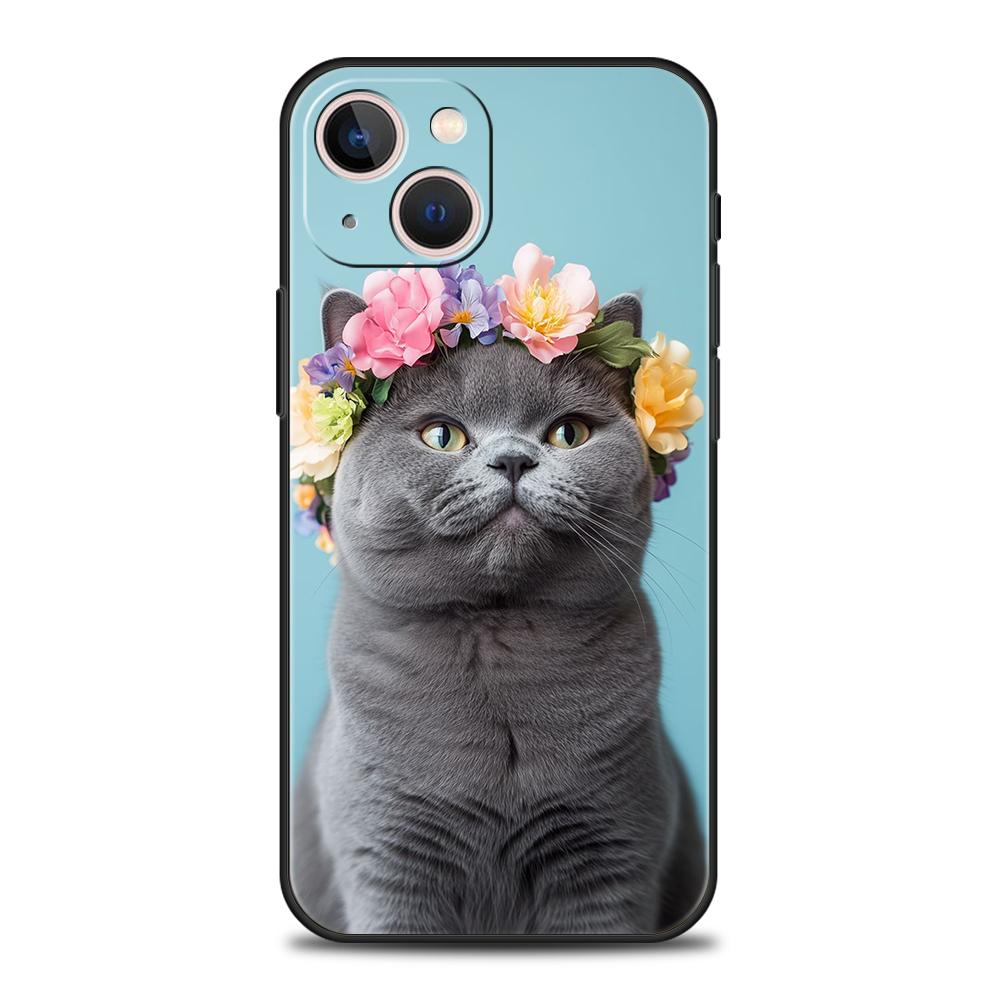 Luxury TPU Soft Phone Case For iPhone 17 Air 16E 16 11 15 14 Pro MAX 12 13 7 8 Plus X XR XS SE 2022 Cover Wearing Flowers Cat