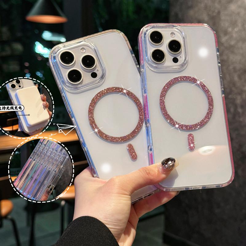 Luxury Glitter Magsafe Wireless Charge Case for iPhone 16 15 14 13 12 Pro Max Plus Magnetic Plating Clear Hard Back Cover