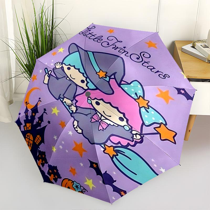 

1pc Little Twin Stars Halloween Witch Broomstick Automatic Open/Closed Umbrella - Portable Tri-Fold Design with 8-Rib Iron Frame, Outdoor for Fans, Tr