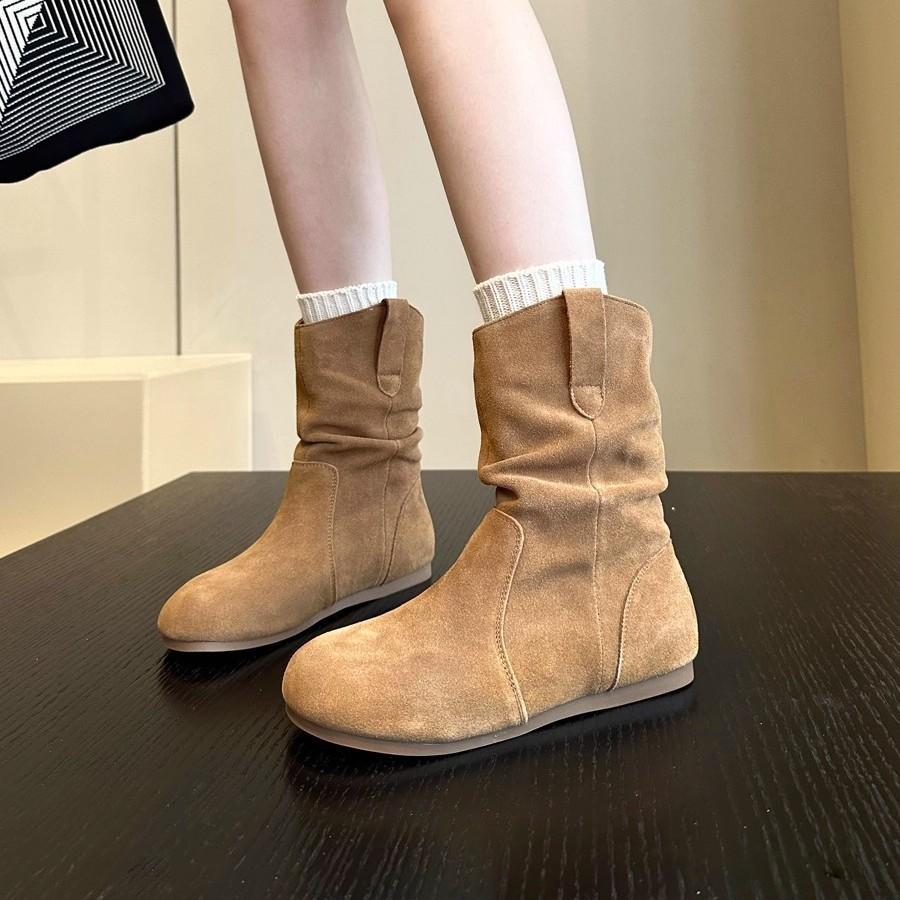 Korean version frosted cowhide soft soled pleated short boots for women's Maillard with skirt  sleeve stacking boots