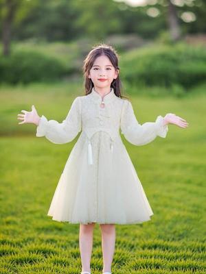 Mädchen Kleid im chinesischen Stil mit langen Ärmeln und Fleecefutter für Herbst/Winter