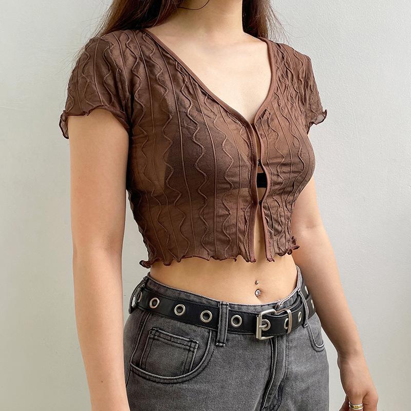 Women Retro Perspective V-neck Hollowed Cardigan T-shirt Tops Fashion Agaric Edge Short Bare Navel Top