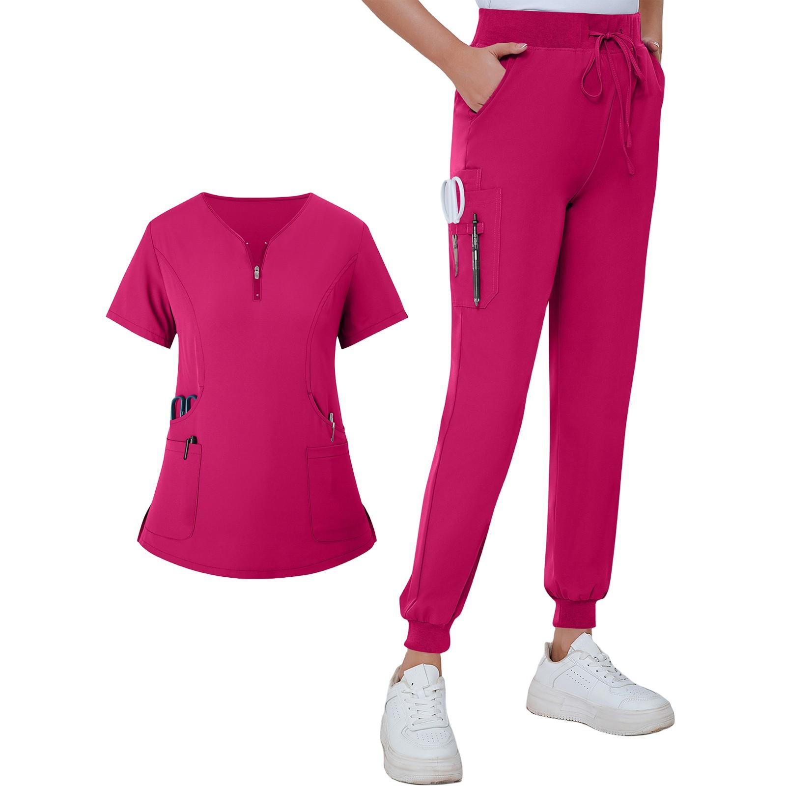 Женская летняя свободная униформа с V-образным вырезом на молнии с карманами и короткими — фото 11