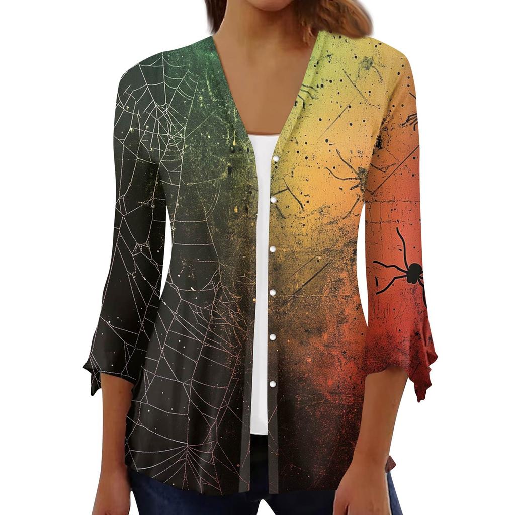 Damen Locker Lässig Bedruckt Siebenärmel Knopfleiste Hemd Strickjacke Top