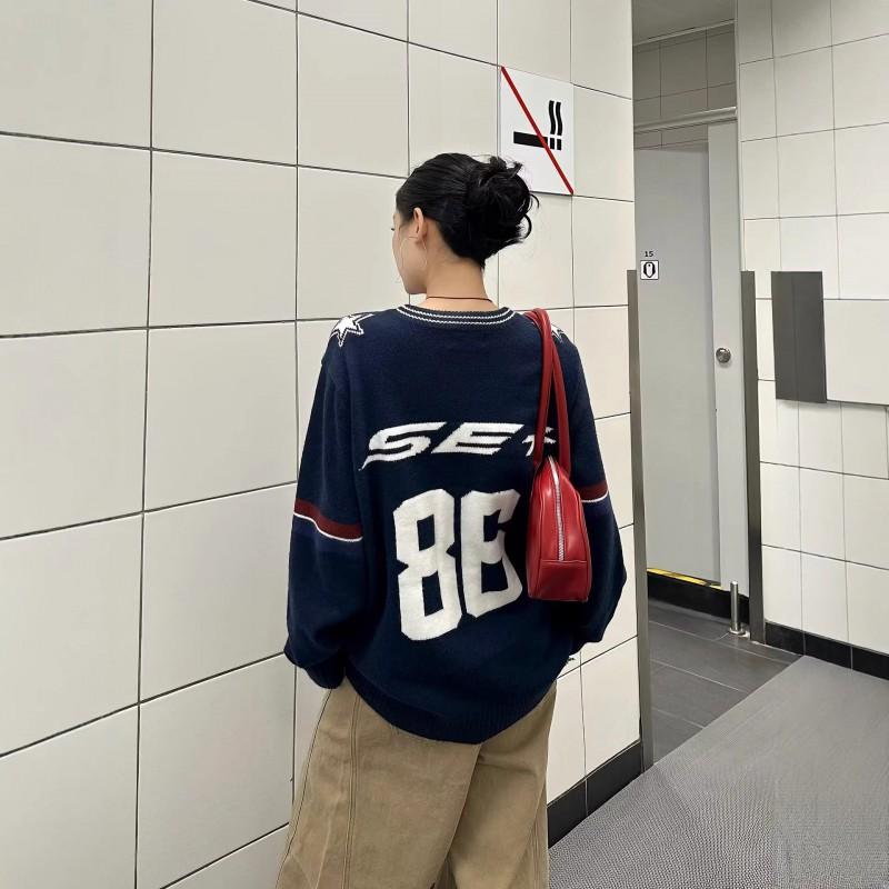 Oversized V-Neck Numeric Knit Sweater Men Women Casual Streetwear Loose Fit Pullover 2026
