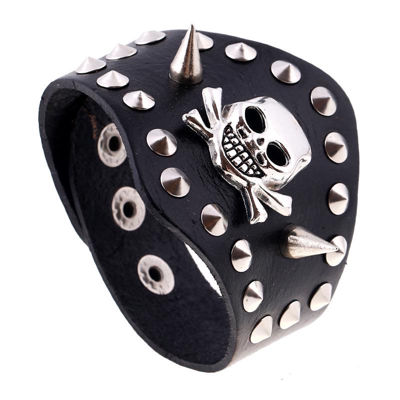 European American Punk Style Unisex Wide Leather Cuff Bracelet Exaggerated Rivet Skull Cowhide Metal Spikes чёрный