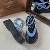 Thick-soled herringbone ankle strap one-word buckle beautiful denim sandals women's 2025 summer new beach Roman shoes
