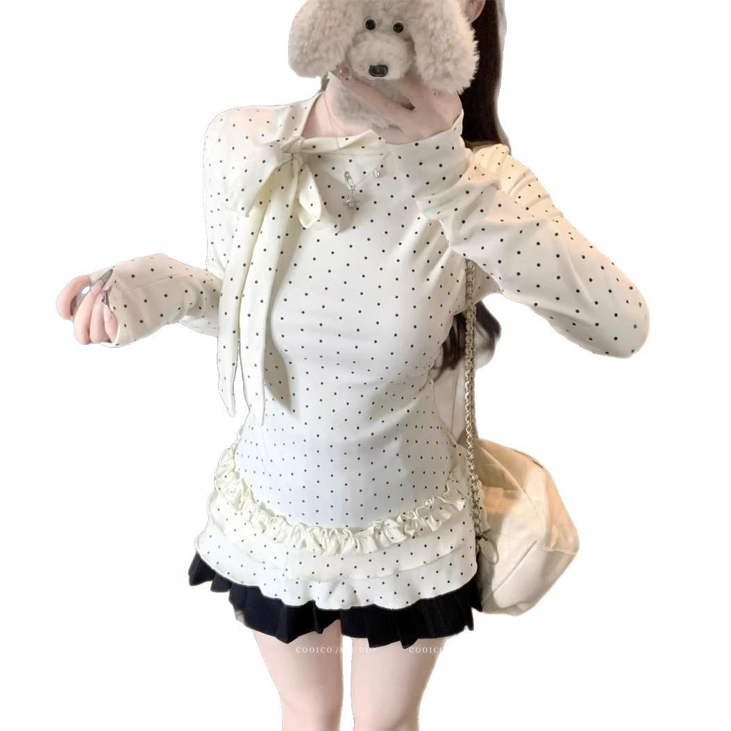 Women s French Polka Dot Bow Tie-Up Long Sleeve Shirt - Lace Slim Fit Base Layer for Autumn/Winter