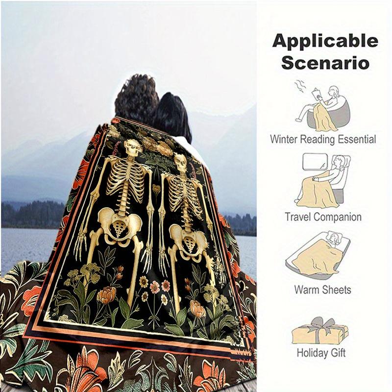 Gothic Romance: Halloween Skeleton Couple Blanket - Soft, Warm Flannel with Vibrant Floral Design, Tear-Resistant, All-Season Co