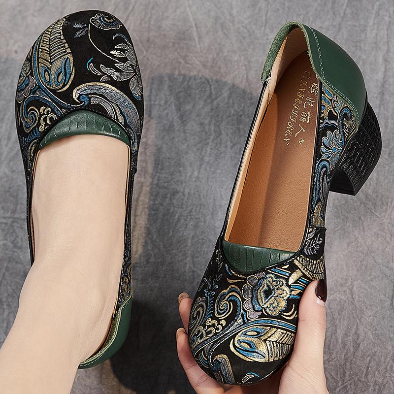Fashion GKTINOO 2025 Spring New Ethnic Style Round Toe High Heels Shoes Versatile Retro Genuine Leather Pumps Women's Shoes