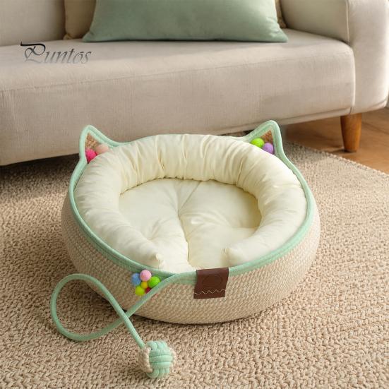 Cozy Cat Bed for All Seasons Handwoven Cotton Rope Bed, Scratchable Indoor Sleeping Basket, Breathable Woven with Pad Round Pet House Cats Kittens And