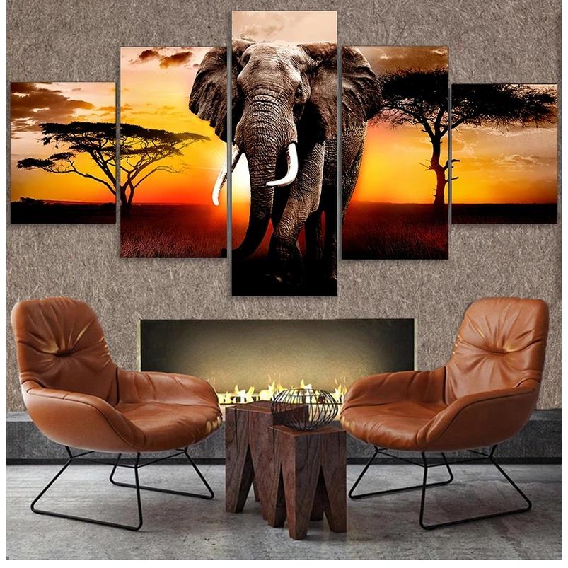 5 Paneler Elefantaffischer Canvasmålning Modern Heminredning Solnedgång Afrikanska Djurtryck Väggkonst Bilder Vardagsrum Utan Ram