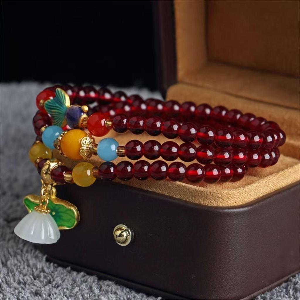 Faux Garnet Multi-Strand Pixiu Ginkgo Magnolia Cloisonné Bracelet - Hot Seller
