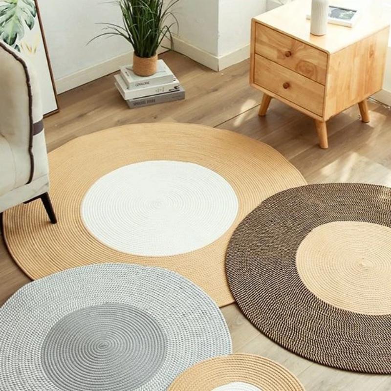 Rug for Bedroom Woven Round Carpet Cotton Linen Mat Japanese Balconies Living Room Rug Floor Coffee Table Anti-slip Area Rug