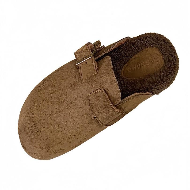 Flat shoes 2025 autumn and winter new Korean version one-word fluffy slippers women wear flat-bottomed Boken velvet cotton shoes