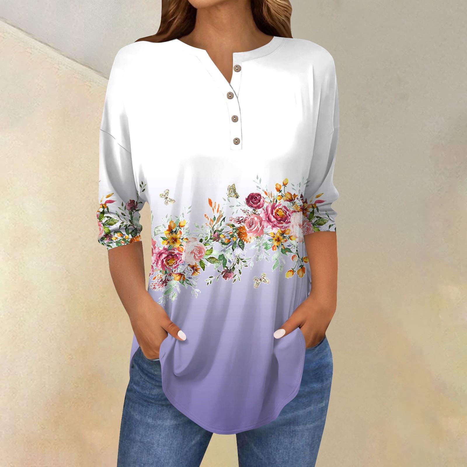 

Жіночі топи з рукавом 3/4 Літні футболки з квітковим принтом V-подібним вирізом Повсякденні базові футболки на ґудзиках Топ-туніки XXXL світло-фіолетового кольору