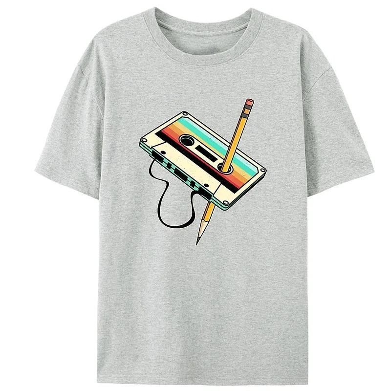 Men Short Sleeve Cassette Tape Pencil 1980s Retro Vintage Throwback Music T-Shirt Women Clothing Vintage T Shirt Camisetas