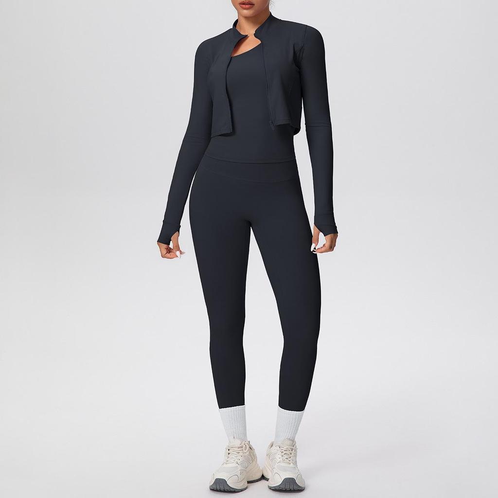 Cloud-like Quick-dry Zipper Jacket & High-waisted Yoga Suit - 3pc Outdoor Running Fitness Set