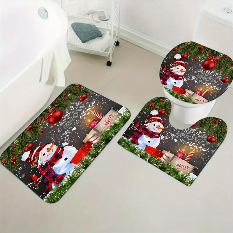 Christmas Snowman Shower Curtain Set With Festive Bathroom Rugs And Hooks, Machine Washable, Polyester, Non-Fade Woven Fabric, F