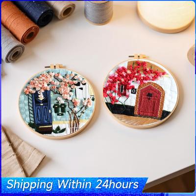 4 Pack Scenery DIY Stitches Kit with Embroidery Hoop Embroidery Stitches Practice Kit 30x30cm for Adult Beginners Gift for Women