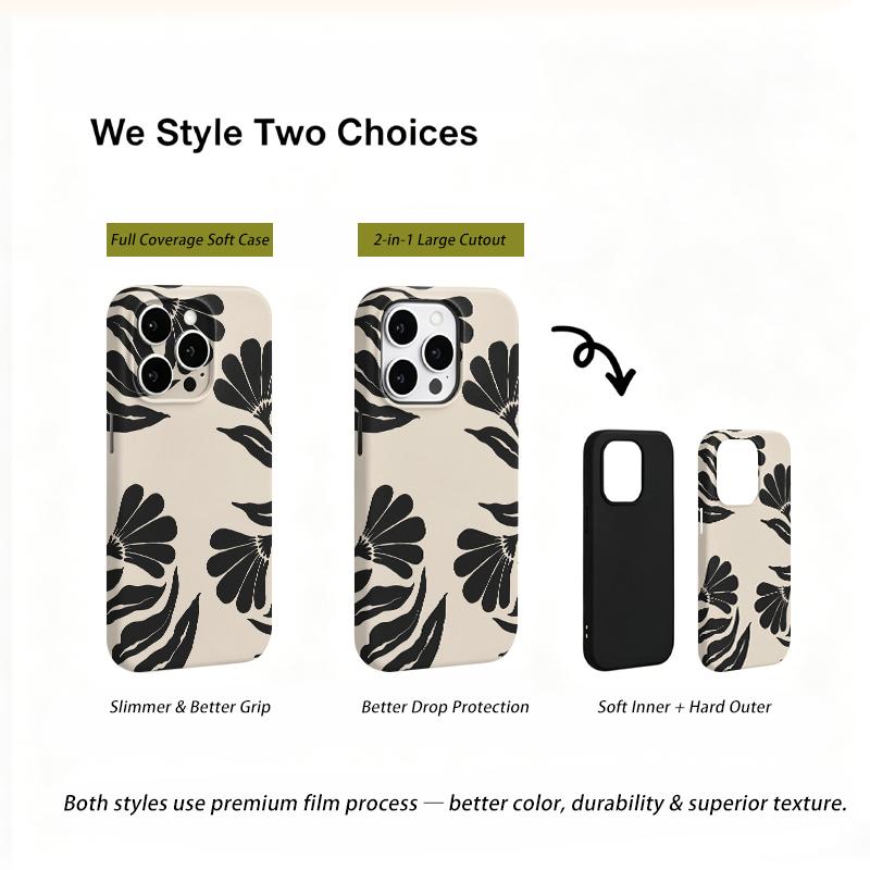 Bold Floral Abstract Black Cream Botanic Leaves Silhouette Art Film Aesthetic Protective Shockproof Bumper Phone Case For iPhone 14 15 16 Pro Max Plus