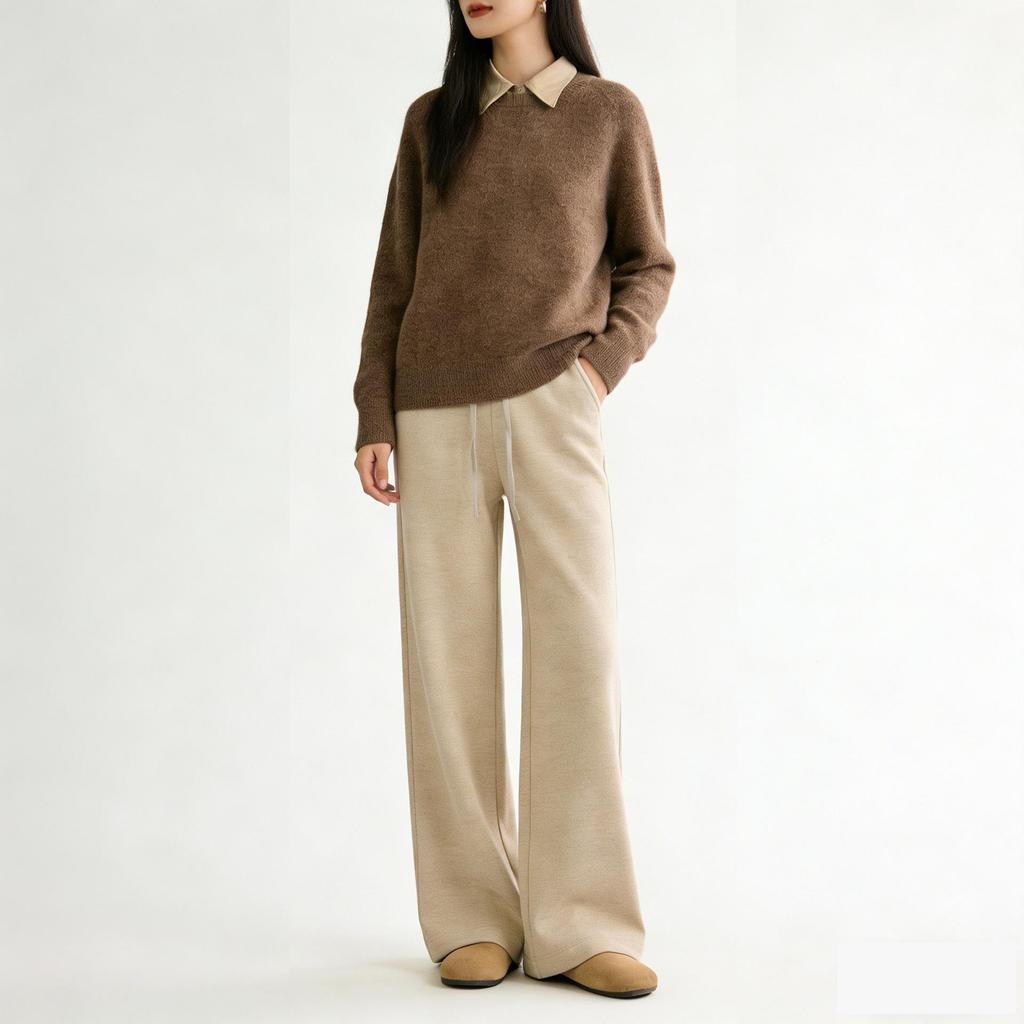 Spring Women's Silk Wool Wide-Leg Knit Pants: Loose, Drapey, Elastic, Soft, Double-Sided Texture.