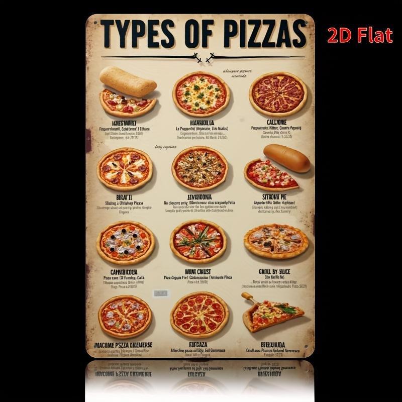 Vintage Pizza Types Metal Sign - Retro Iron Wall Art Decor 8x12 Inch, Rustic Home Bar Cafe Garden Sign with Pizza Illustrations
