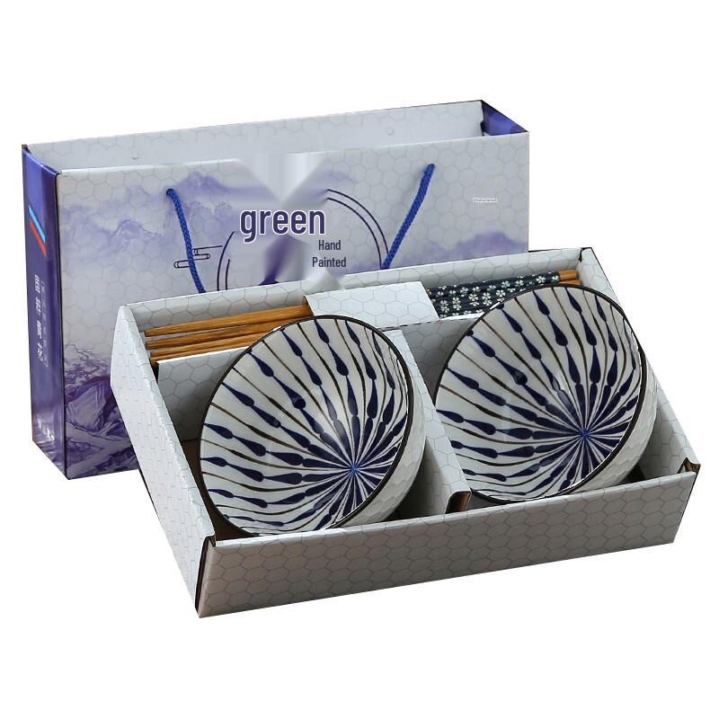 Japanese Style Blue and White Porcelain Bowl and Chopstick Set